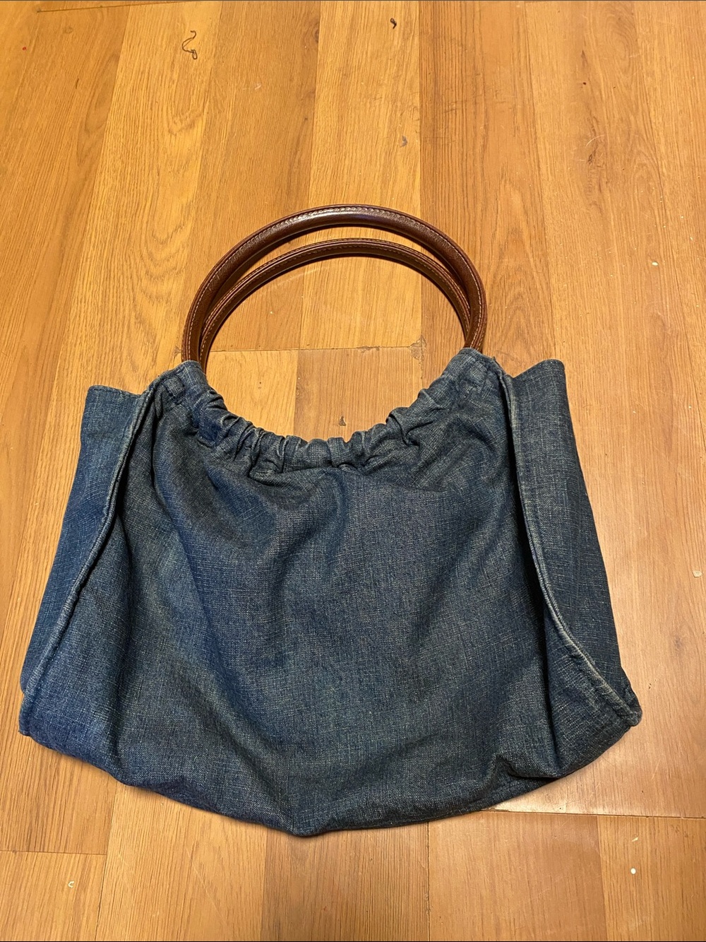 Denim Tote Bag with Brown Leather Handles